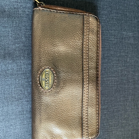 FOSSIL AUTHENTIC Wallet Pebbled Leather Metallic Bronze Brown Wallet - Picture 1 of 3